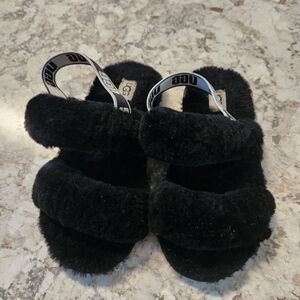 UGG Kids Black Fluffy Sandals